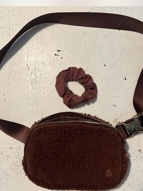 Lululemon Brown Sherpa Crossbody Bag with Matching Scrunchie